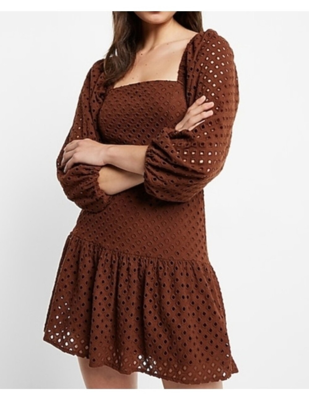 Express Chocolate Brown Eyelet Square-Neck Mini Dress